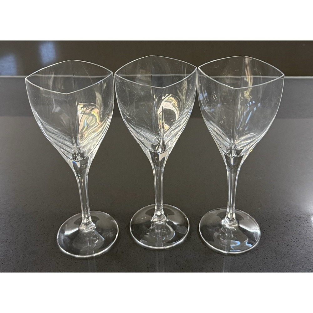 Vtg Mikasa Water Goblet Glass Square Crystal Panache Platinum Pattern Set‎ Of 3